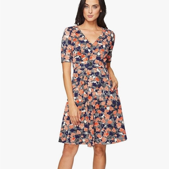 Donna Morgan Piqué Floral Fit & Flare Dress Navy Coral Size 14 Cocktail Wedding - Picture 3 of 13